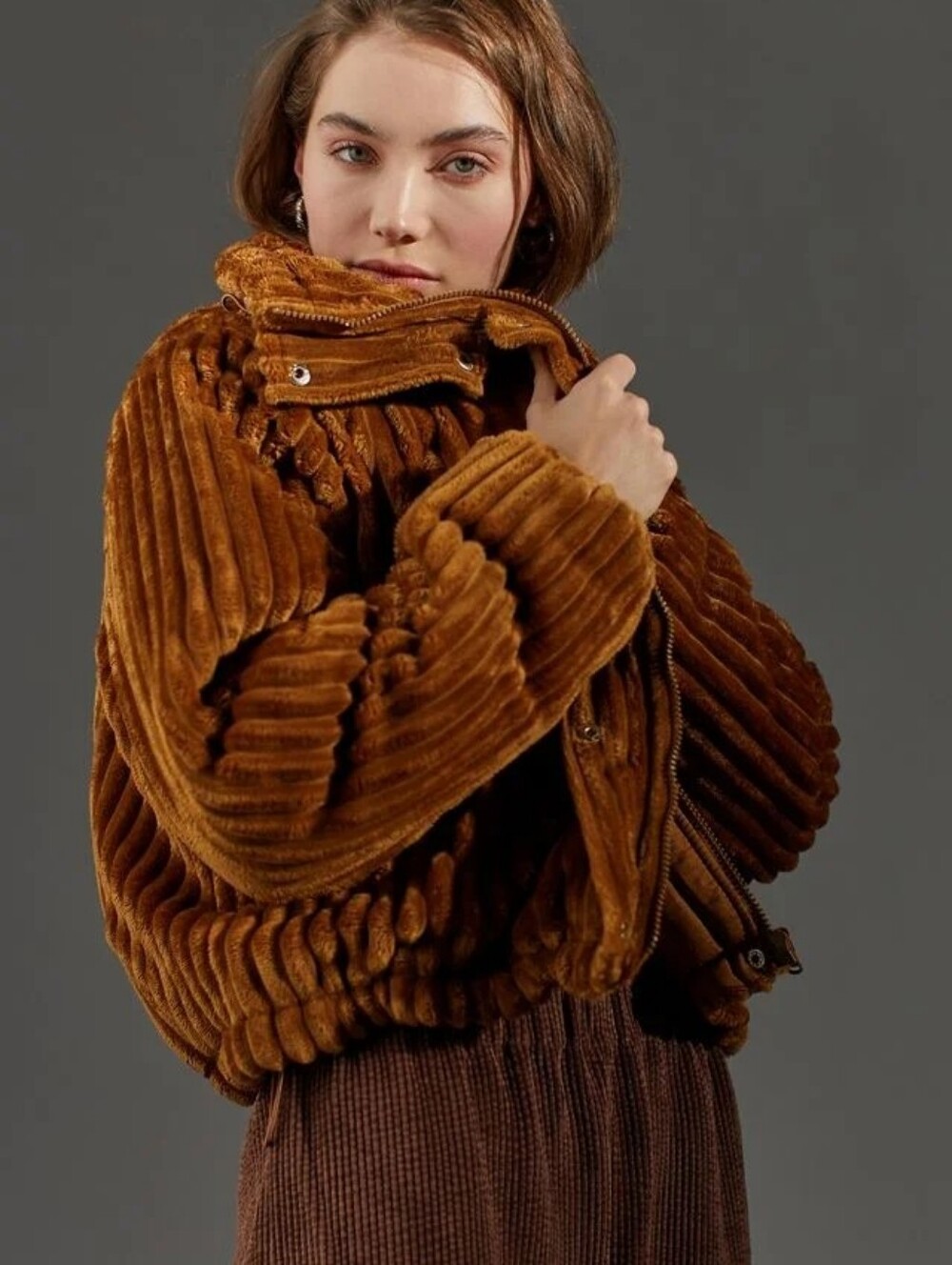 BDG Isla Corduroy Bomber Camel Tan Cozy Ribbed Velvet Puff Jacket